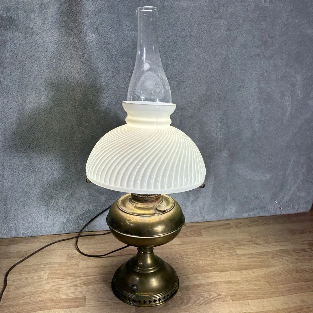 Vintage Brass Rayo Electrified Oil Lamp-Glass Chimney & White Milk Glass Shade
